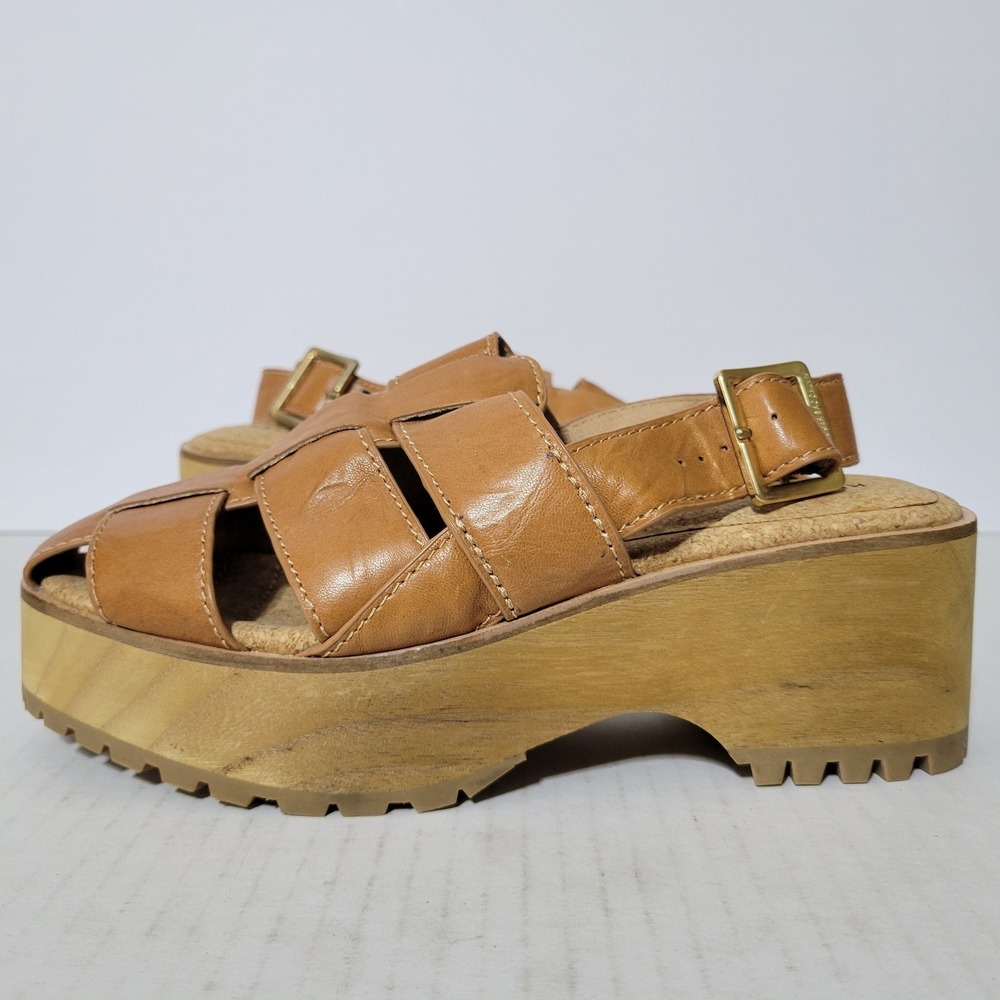 Kelsi Dagger Wooden Platform Fisherman Sandals Brown Leather Size US 6